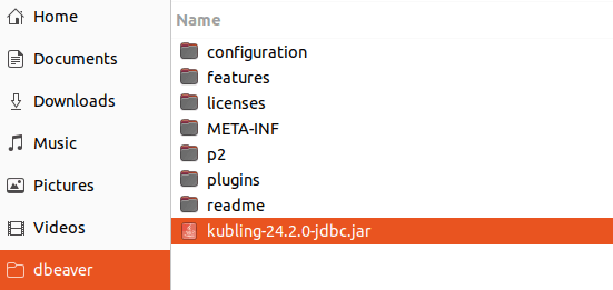DBeaver Libraries tab with the Kubling JDBC driver selected