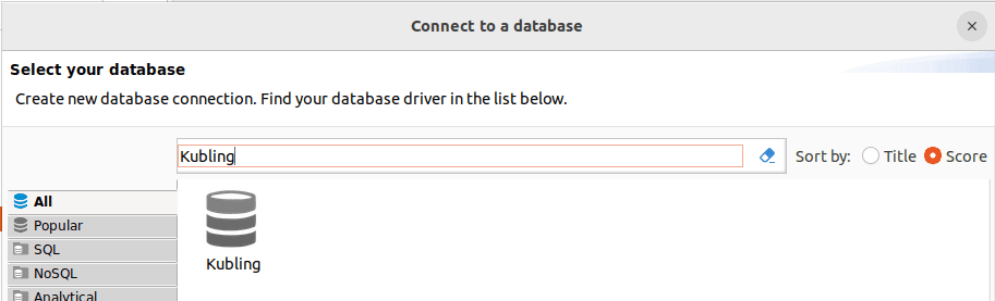 Kubling driver selected in the DBeaver connection dialog